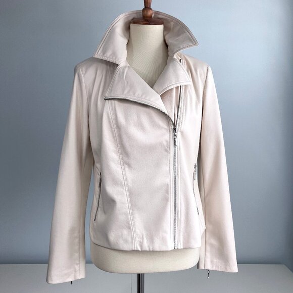 Chico's Cream Faux Leather Moto Jacket 1 6 8 10 Medium Biker Vegan - Picture 3 of 13